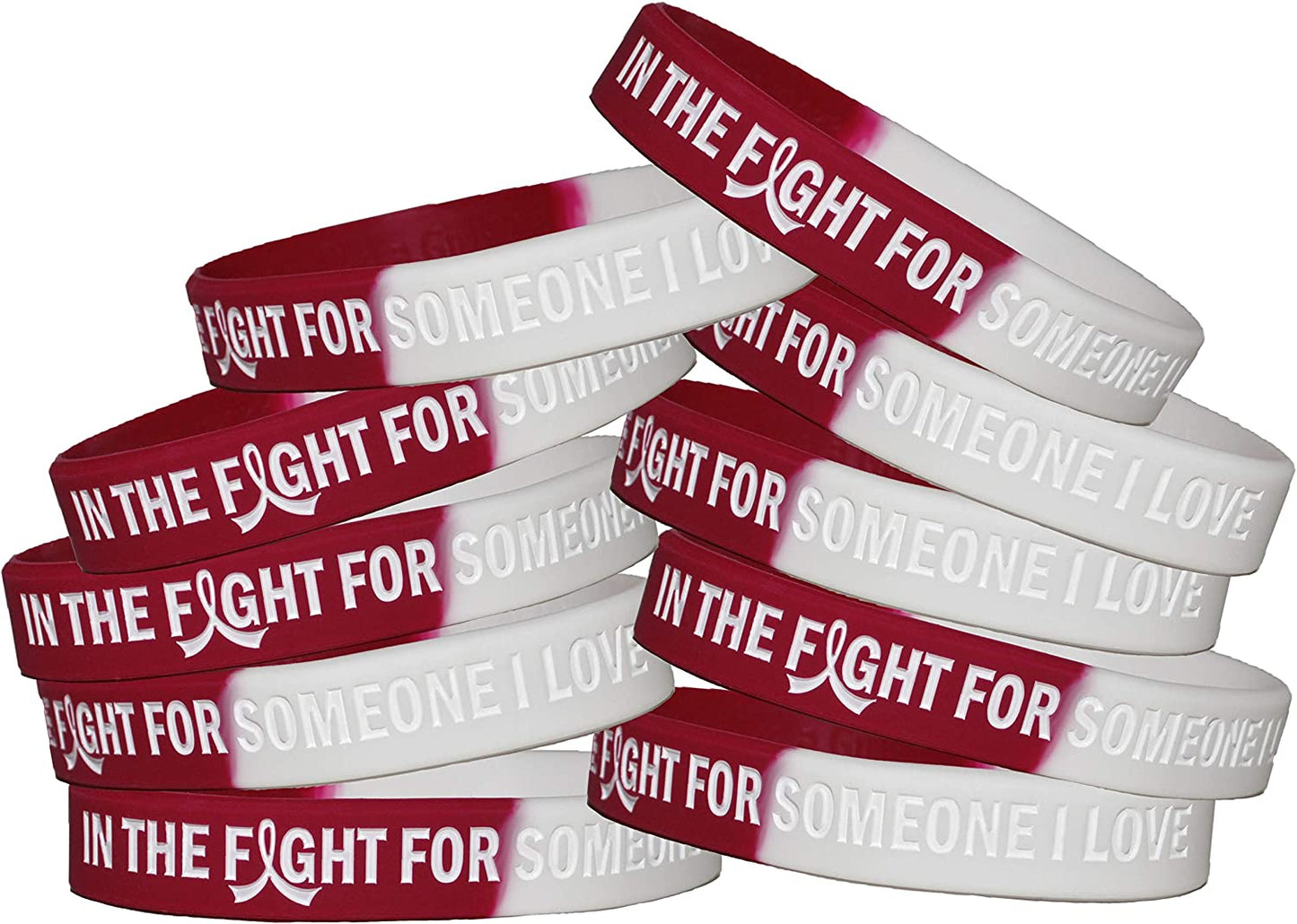 In the Fight for Someone I Love Silicone Wristband Bracelet Premium Quality 10-Pack (Assorted Colors) Apparel & Accessories > Jewelry > Bracelets Fight Like a Girl Burgundy, White  
