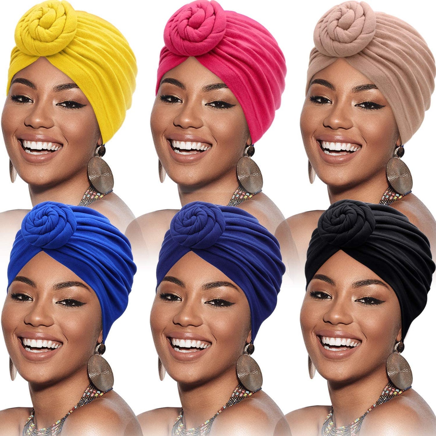 SATINIOR 6 Pieces Women African Turban Flower Knot Pre-Tied Bonnet Beanie Cap Headwrap Apparel & Accessories > Clothing Accessories > Bandanas & Headties SATINIOR Black, Royal-blue, Rosy, Camel, Navy, Yellow  