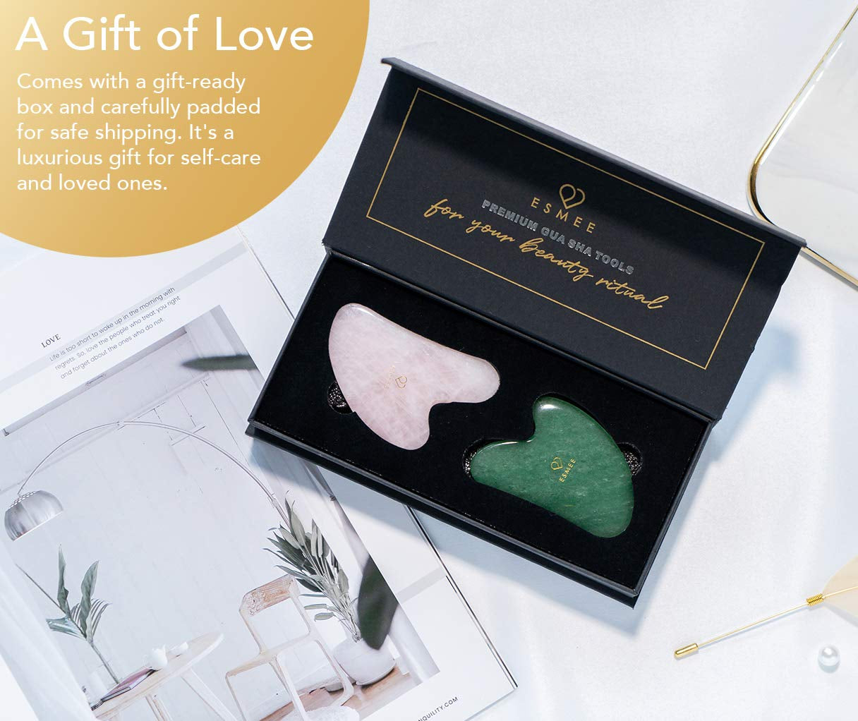 Gua Sha Facial Tool Set by Esmee 2 in 1 Premium Massage Therapy Tools Jade and Rose Quartz Guasha Face Massage Tool Anti-Aging Beauty Therapy for Skin Rejuvenation Face Scraping Tools (Heart Shape) Health & Beauty > Personal Care > Cosmetics > Cosmetic Tools > Skin Care Tools Esmee Beauty and Lifestyle   