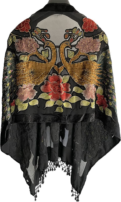 Peacock Velvet Shawl with Fringe Beaded Shawl for Women Peacock Scarf Handmade Beading Indian Wraps for Women with Tassel Apparel & Accessories > Clothing Accessories > Scarves & Shawls DQSSYTTX Black  