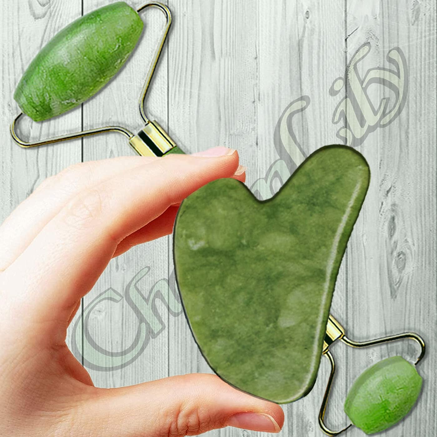 Jade & Ice Roller + Gua Sha Massager Tool Set for Face & Eyes by Charmlily, Puffiness, Reduce Wrinkle Aging, Migraine, Pain Relief on Neck & Body, Cold Facial Original Natural Stone - 3 in 1 Health & Beauty > Personal Care > Cosmetics > Cosmetic Tools > Skin Care Tools CHARMLILY   