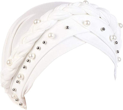 Fxhixiy Women Hijab Beading Pearl Braid Turban Hat Head Scarf Cancer Chemo Beanies Bandana Headwrap Cap Apparel & Accessories > Clothing Accessories > Headwear Fxhixiy White  