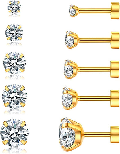 Cubic Zirconia Hypoallergenic Stud Earrings for Women Men Girls Statement Cartilage Fashion Surgical Steel Helix Earrings 5 Pairs Apparel & Accessories > Jewelry > Earrings Ayr C（Gold）  