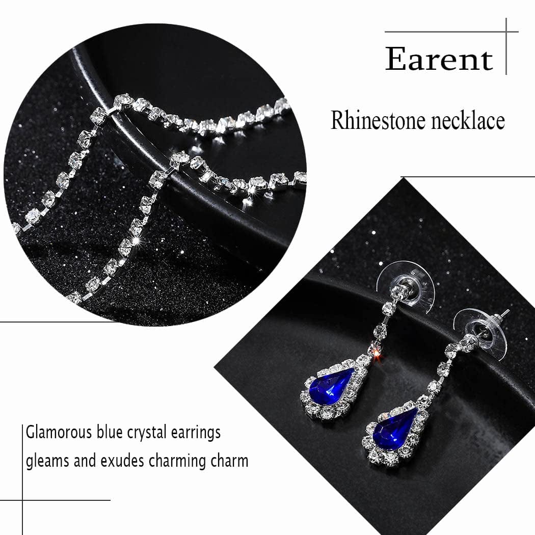 Earent Bridal Rhinestone Jewelry Set Bride Wedding Necklace Earrings Sets Crystal Choker Necklaces Tassel Dangle Earring Costume Prom Jewelry for Women and Girls(Set of 2) (E-Royal Blue)