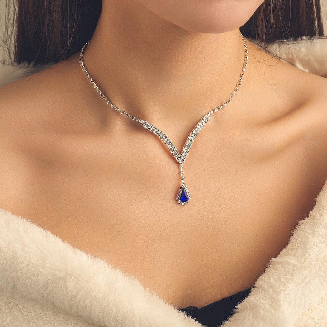 Earent Bridal Rhinestone Jewelry Set Bride Wedding Necklace Earrings Sets Crystal Choker Necklaces Tassel Dangle Earring Costume Prom Jewelry for Women and Girls(Set of 2) (E-Royal Blue)