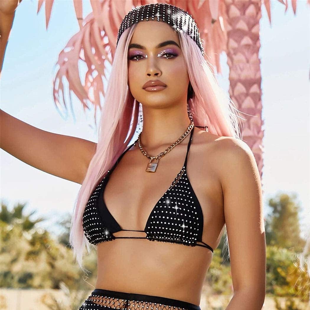 Earent Mesh Rhinestone Headbands Black Glitter Wide Hairbands Elastic Turban Kerchiefs Crystal Nightclub Headscarfs Rave Party Head Wraps Sparkle Body Jewelry for Women and Girls(Headbands) (A-Black) Apparel & Accessories > Jewelry > Body Jewelry EARENT   