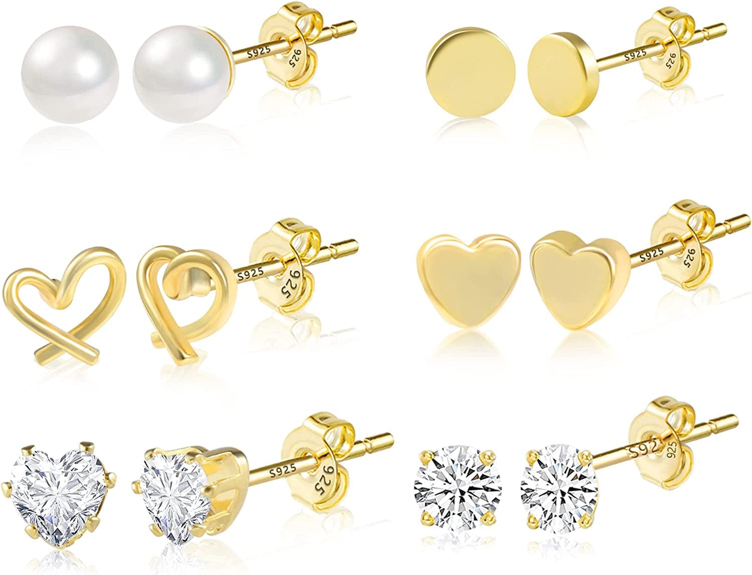 Earring Sets for Multiple Piercing | 14K Gold Plated Studs Earrings and Hoops Set Hypoallergenic Small Hoop CZ Ball Studs Earrings for Women Girls（6 Pairs） F-14K Gold