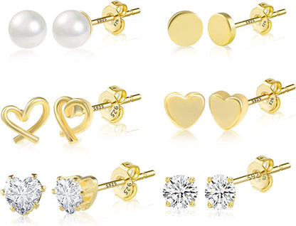 Earring Sets for Multiple Piercing | 14K Gold Plated Studs Earrings and Hoops Set Hypoallergenic Small Hoop CZ Ball Studs Earrings for Women Girls（6 Pairs） F-14K Gold
