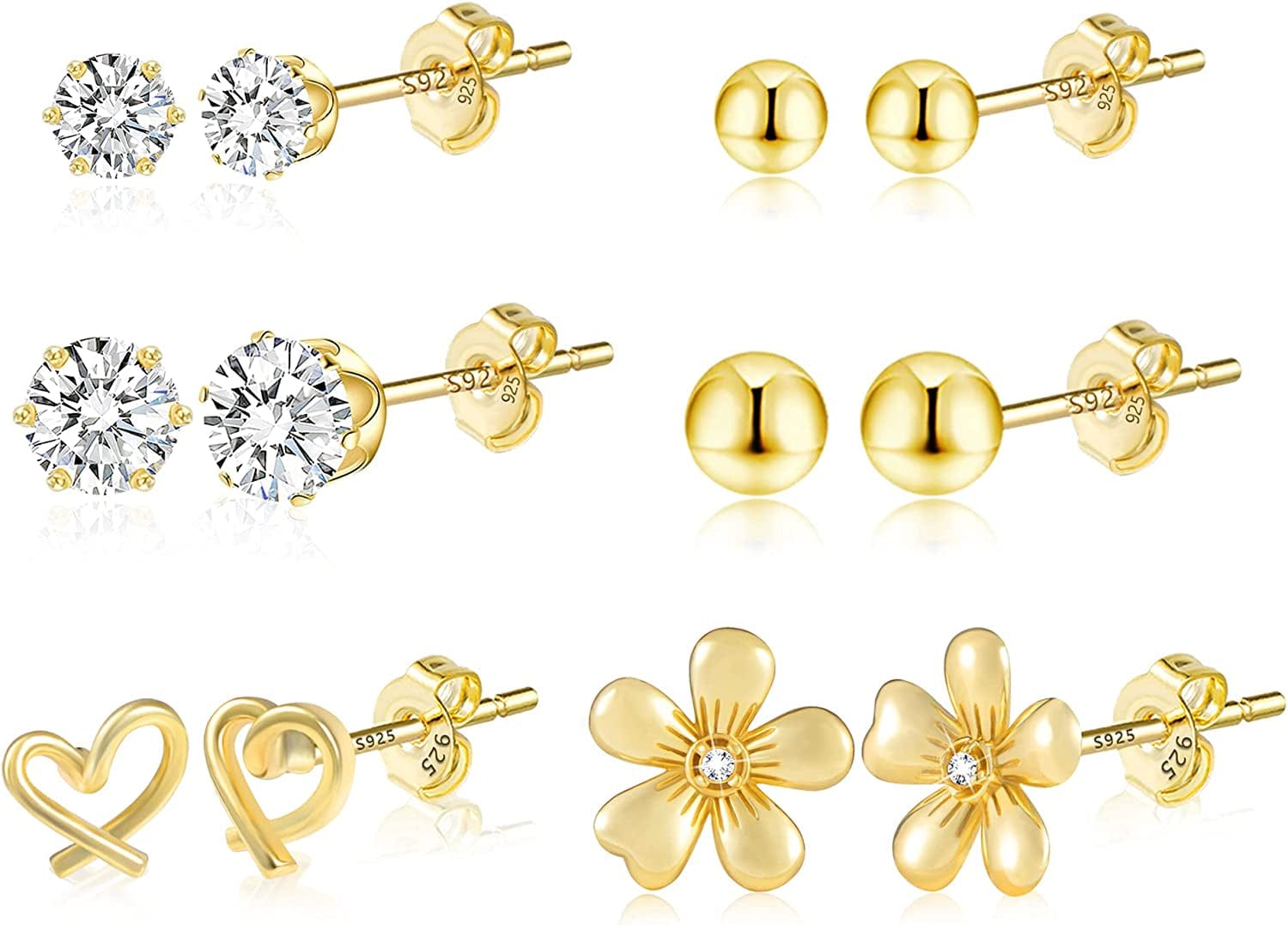 Earring Sets for Multiple Piercing | 14K Gold Plated Studs Earrings and Hoops Set Hypoallergenic Small Hoop CZ Ball Studs Earrings for Women Girls（6 Pairs） E-14K Gold