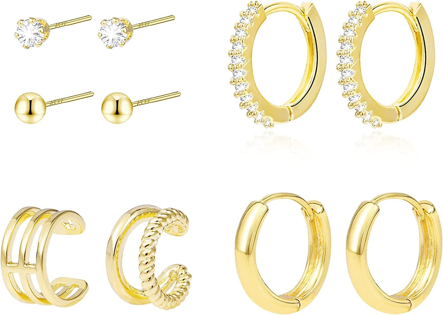 Earring Sets for Multiple Piercing | 14K Gold Plated Studs Earrings and Hoops Set Hypoallergenic Small Hoop CZ Ball Studs Earrings for Women Girls（6 Pairs） C-14K Gold