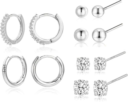 Earring Sets for Multiple Piercing | 14K Gold Plated Studs Earrings and Hoops Set Hypoallergenic Small Hoop CZ Ball Studs Earrings for Women Girls（6 Pairs） A-White Gold