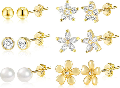 Earring Sets for Multiple Piercing | 14K Gold Plated Studs Earrings and Hoops Set Hypoallergenic Small Hoop CZ Ball Studs Earrings for Women Girls（6 Pairs） G-14K Gold
