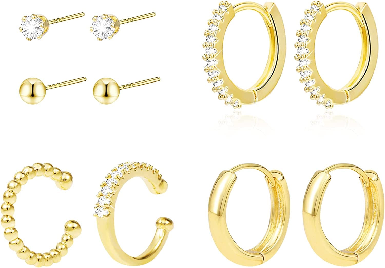 Earring Sets for Multiple Piercing | 14K Gold Plated Studs Earrings and Hoops Set Hypoallergenic Small Hoop CZ Ball Studs Earrings for Women Girls（6 Pairs） D-14K Gold
