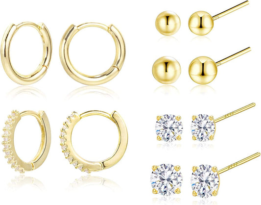 Earring Sets for Multiple Piercing | 14K Gold Plated Studs Earrings and Hoops Set Hypoallergenic Small Hoop CZ Ball Studs Earrings for Women Girls（6 Pairs） Gold, Colorless