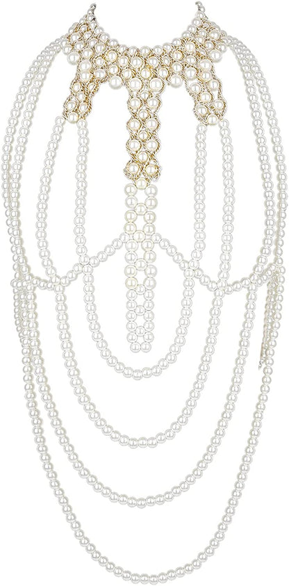 Azazccm Pearl Body Chain-Fashion Pearl Shoulder Necklace for Women,Party, Wedding, Photo Shoot, Adjustable Pearl Body Jewelry Apparel & Accessories > Jewelry > Body Jewelry Azazccm Pearls-F  