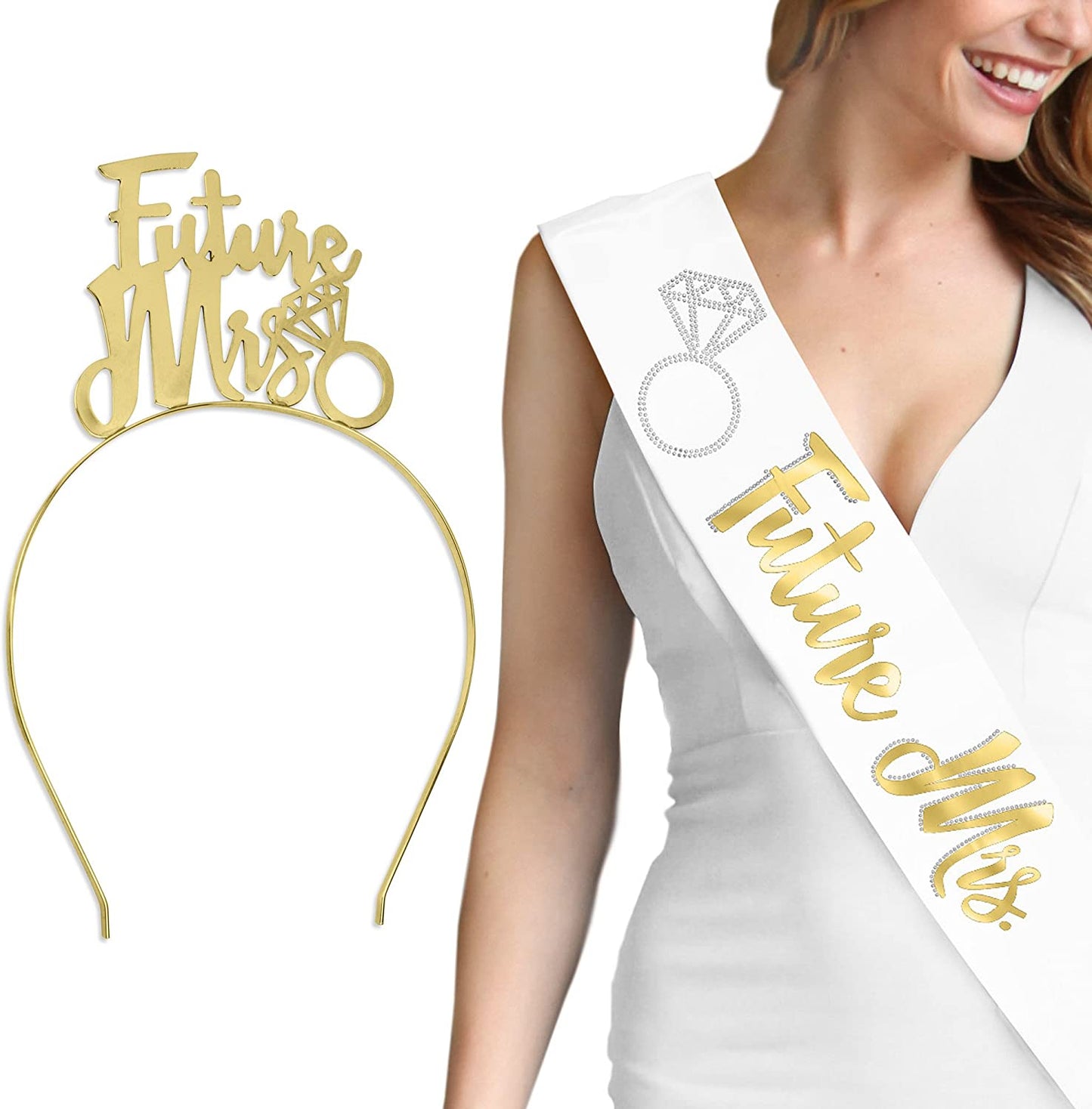 Bride Rose Gold Bridal Shower Set - BRIDAL GRADE SATIN White Sash & Rose Gold Diamond Bride Headband, Bride Kit, Bridal Giftset (B2B & HB Rsgld)Wht Apparel & Accessories > Clothing Accessories > Sashes RhinestoneSash Future Mrs. (White Sash - Gold Future Mrs Headband)  