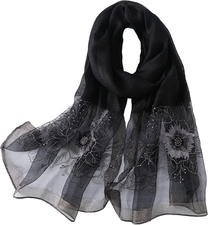 WINCESS YU Women Mulberry Silk Scarf Long & Large Embroidered Floral Pattern Shawl and Wraps Neckerchief for Hair & Neck Apparel & Accessories > Clothing Accessories > Scarves & Shawls WINCESS.YU Sunflower Black  