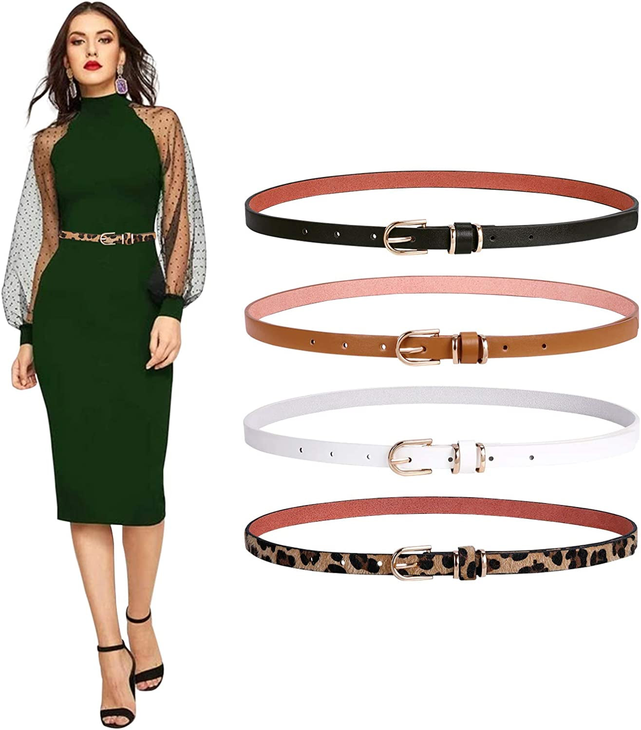 Set of 4 Womens Thin Belts SANSTHS Skinny Leather Belt with Gold Alloy Buckle Apparel & Accessories > Clothing Accessories > Belts SANSTHS B-4 Pack-1 Leopard S:Fits pants size 25"-29" 
