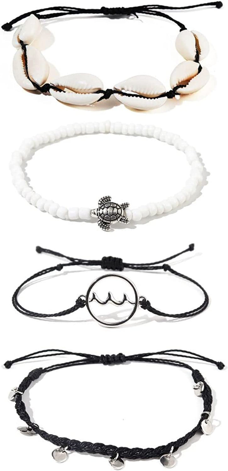 Caiyao 4 Pcs Summer Surfer Wave Anklet Bracelets Adjustable Strand Braided String Rope Bracelets Waterproof Handmade Sunflower Bracelets Anklets Jewelry for Women Teen Girls Apparel & Accessories > Jewelry > Anklets InShine black shell  