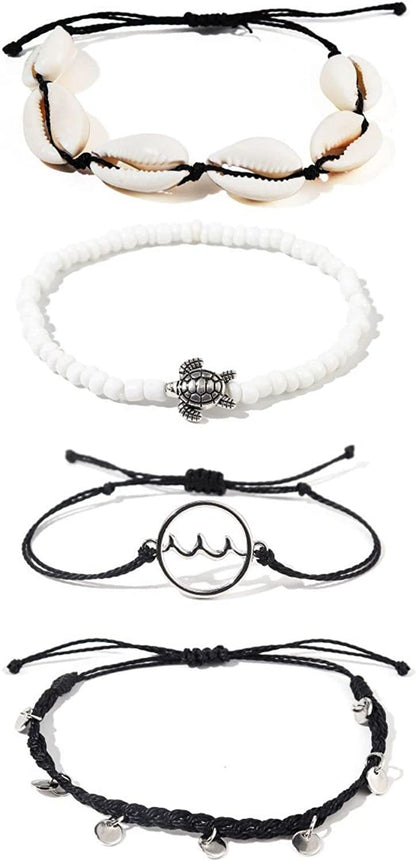 Caiyao 4 Pcs Summer Surfer Wave Anklet Bracelets Adjustable Strand Braided String Rope Bracelets Waterproof Handmade Sunflower Bracelets Anklets Jewelry for Women Teen Girls Apparel & Accessories > Jewelry > Anklets InShine black shell  