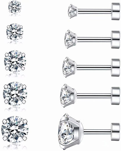 Cubic Zirconia Hypoallergenic Stud Earrings for Women Men Girls Statement Cartilage Fashion Surgical Steel Helix Earrings 5 Pairs Apparel & Accessories > Jewelry > Earrings Ayr A（Silver）  