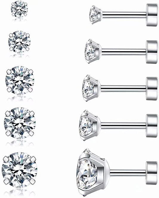 Cubic Zirconia Hypoallergenic Stud Earrings for Women Men Girls Statement Cartilage Fashion Surgical Steel Helix Earrings 5 Pairs Apparel & Accessories > Jewelry > Earrings Ayr A（Silver）  