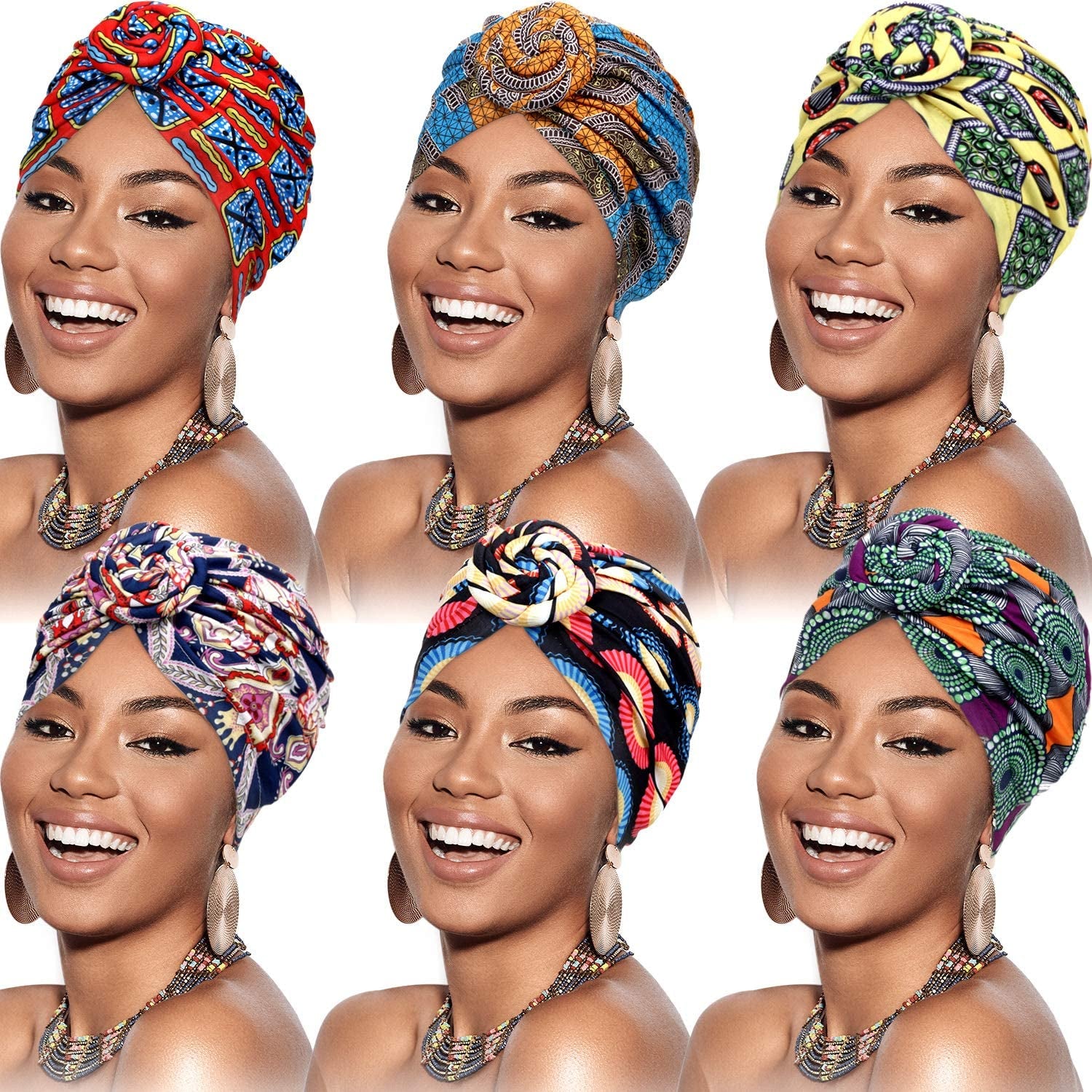 SATINIOR 6 Pieces Women African Turban Flower Knot Pre-Tied Bonnet Beanie Cap Headwrap Apparel & Accessories > Clothing Accessories > Bandanas & Headties SATINIOR Blue Yellow Flower  