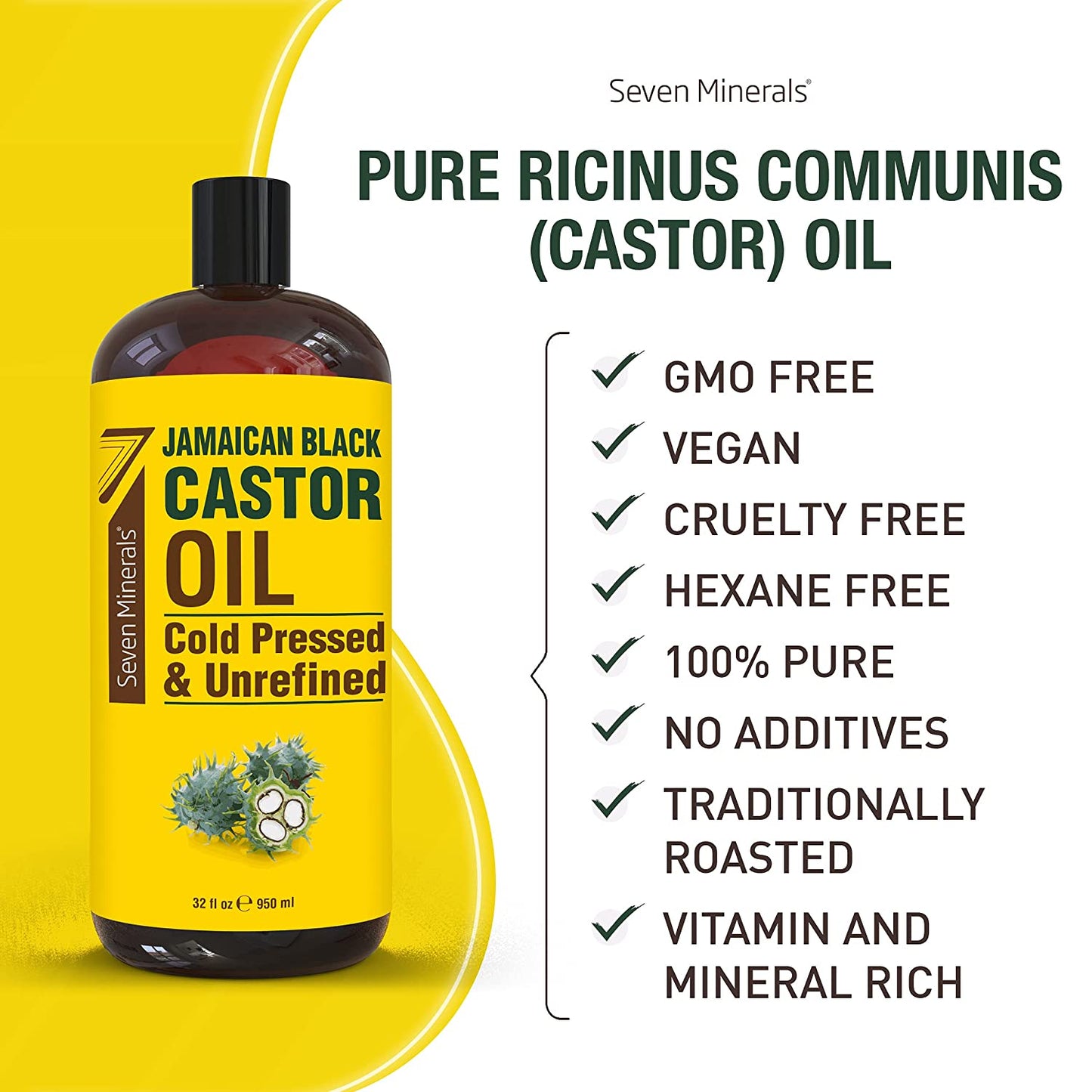 Pure Jamaican Black Castor Oil - Big 32 Fl Oz Bottle - Unrefined & Hexane Free - 100% Pure Jamaican Black Castor Oil for Hair Growth, Thicker Eyelashes & Eyebrows, Dry Skin, Healing, Hair Care Health & Beauty > Personal Care > Hair Care Seven Minerals   