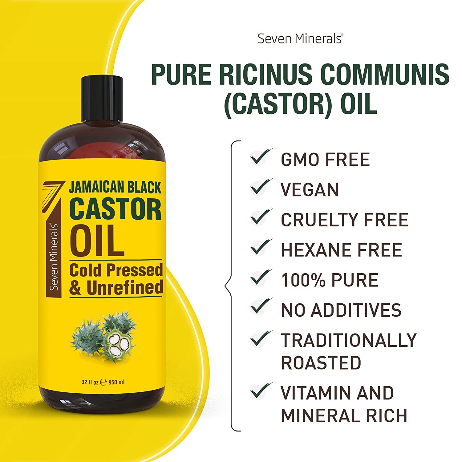 Pure Jamaican Black Castor Oil - Big 32 Fl Oz Bottle - Unrefined & Hexane Free - 100% Pure Jamaican Black Castor Oil for Hair Growth, Thicker Eyelashes & Eyebrows, Dry Skin, Healing, Hair Care Health & Beauty > Personal Care > Hair Care Seven Minerals   