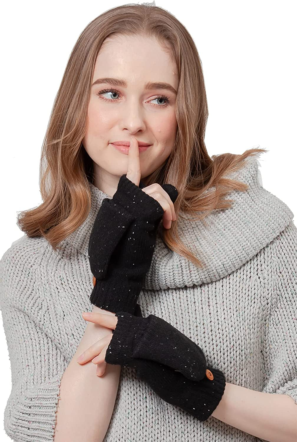 BYOS Women'S Winter Cozy Diamond Pattern Fleece Lined Flip Top Convertible Knit Gloves Mittens Apparel & Accessories > Clothing Accessories > Gloves & Mittens Be Your Own Style Speckle Black  