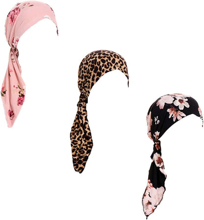 Pre Tied Chemo Head Scarf 3 Packed Beanie Skull Cover Cap for Women (Set6-Long Style) Apparel & Accessories > Clothing Accessories > Bandanas & Headties Qovelly L15-3 Packed  