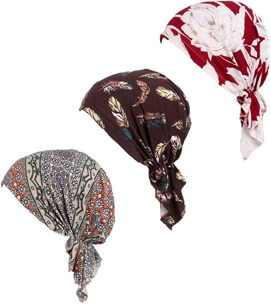 Pre Tied Chemo Head Scarf 3 Packed Beanie Skull Cover Cap for Women (Set6-Long Style) Apparel & Accessories > Clothing Accessories > Bandanas & Headties Qovelly A2-3 3acked  