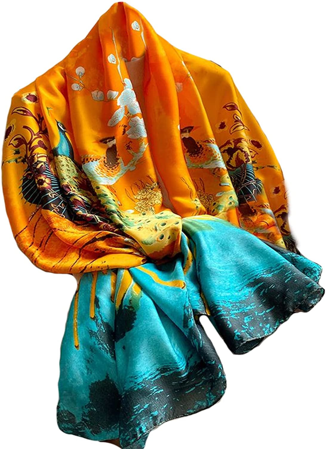 Fashion Scarves 100% Silk Felling Scarf Long Lightweight Sunscreen Shawls Wrap for Women Hair Scarves Apparel & Accessories > Clothing Accessories > Scarves & Shawls Aufeel Peacock  