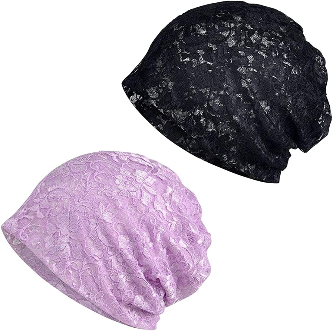 Ebossy Women'S Elegant Floral Lace Slouchy Beanie Summer Hat Headwear Circle Loop Scarf Apparel & Accessories > Clothing Accessories > Headwear ebossy 2 Pack Black/Lilac  