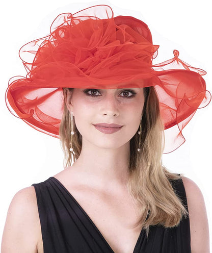 Lucky Leaf Women Kentucky Derby Church Cap Wide Brim Summer Sun Hat for Party Wedding Apparel & Accessories > Clothing Accessories > Headwear Lucky Leaf Nf-red  