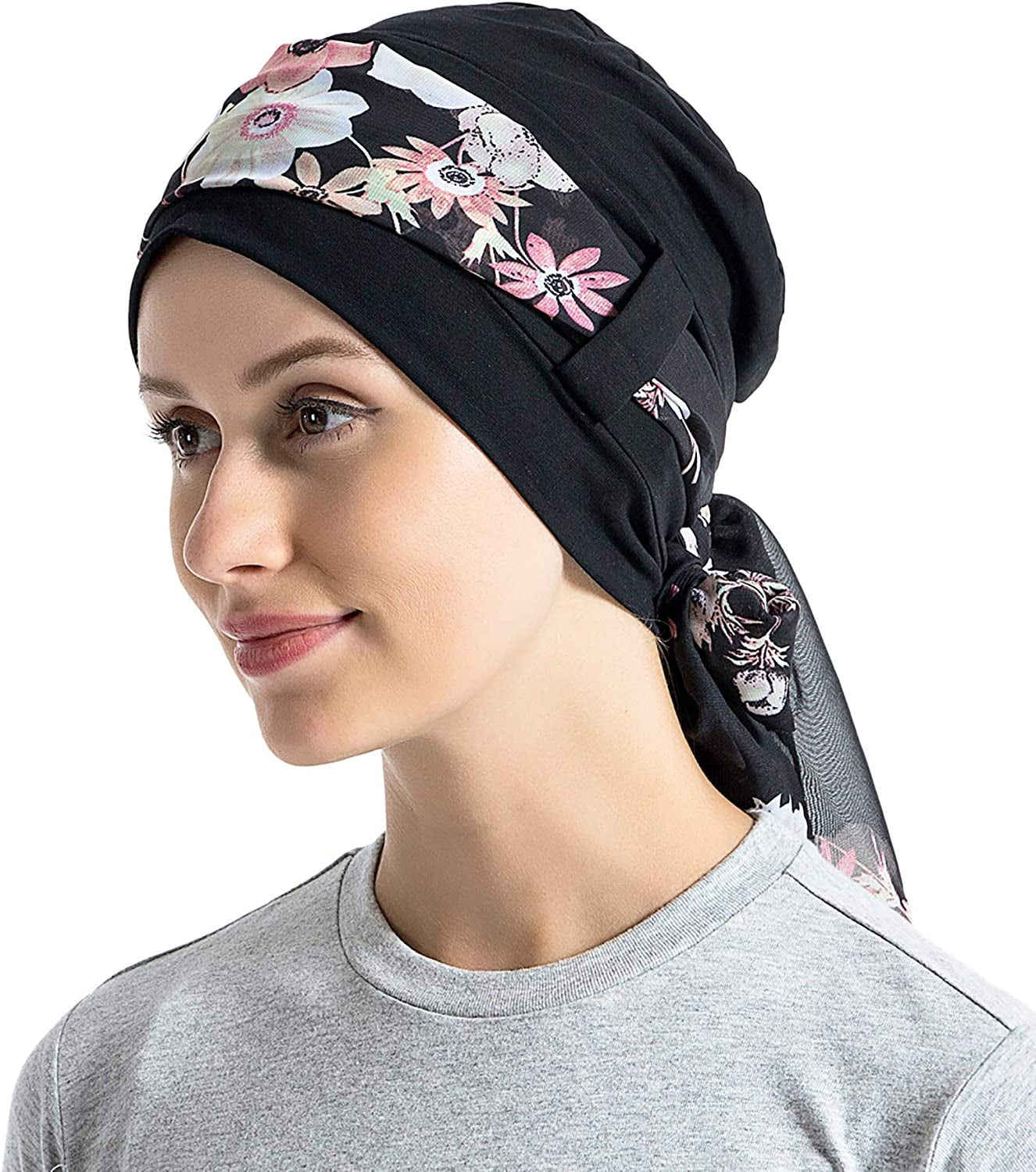 Bamboo Cotton Liner Chemo Headwear for Womenwith Silky Scarfs for Cancer Hair Loss Sleep Caps Beanie Black Apparel & Accessories > Clothing Accessories > Headwear JarseHera   