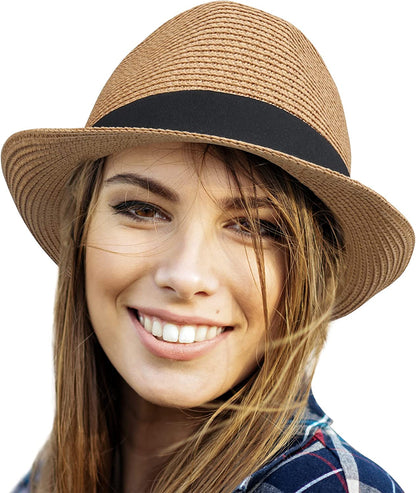 Panama Hat Straw Fedora Sun Hats Vintage Braid for Women & Men Beach Hat Summer Hat UV UPF 50 Apparel & Accessories > Clothing Accessories > Hats Naivlizer Brown  