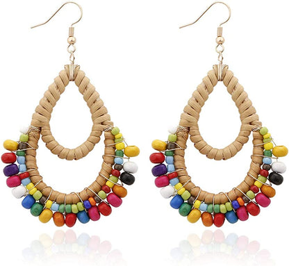 Bohemian Rattan Wooden Beads Fish Hook Circle/Teardrop Earrings Dangle Drop Jewelry for Women Girls Apparel & Accessories > Jewelry > Earrings VEETOO Colorful  