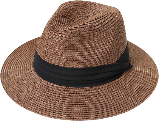 DRESHOW Women Straw Panama Hat Fedora Beach Sun Hat Wide Brim Straw Roll up Hat UPF 50+ Apparel & Accessories > Clothing Accessories > Hats DRESHOW Fedora Coffee  