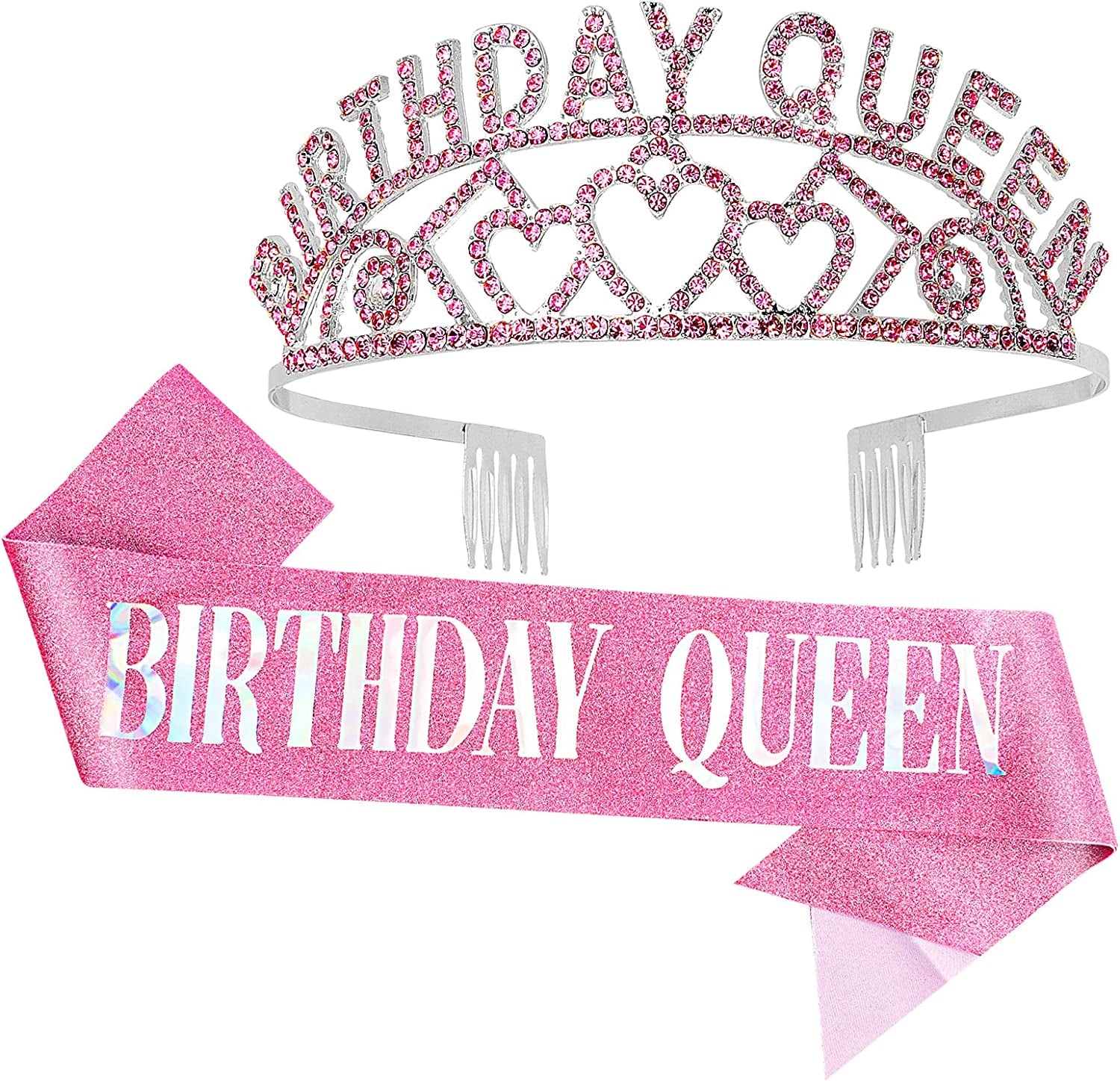 CAVETEE Gold Birthday Queen Rhinestone Tiara and Sash- Birthday Tiara and Sash Birthday Party Favors Glitter Birthday Decorations for Women（Multi Color Letter） Apparel & Accessories > Clothing Accessories > Sashes CAVETEE Pink Queen  