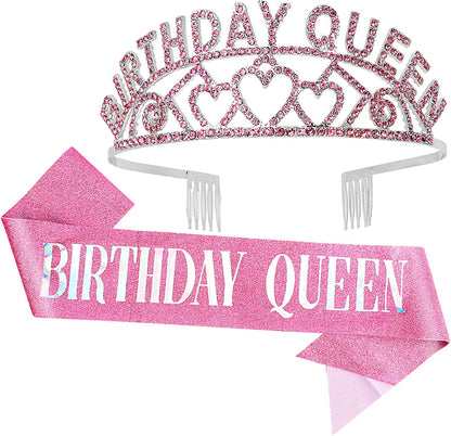CAVETEE Gold Birthday Queen Rhinestone Tiara and Sash- Birthday Tiara and Sash Birthday Party Favors Glitter Birthday Decorations for Women（Multi Color Letter） Apparel & Accessories > Clothing Accessories > Sashes CAVETEE Pink Queen  