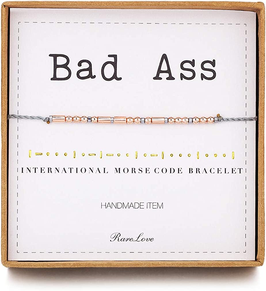 Rarelove Bad Ass Morse Code Bracelets Inspirational Friendship Gift for Women Girls Rose Golden Beads Grey String Bracelet Apparel & Accessories > Jewelry > Bracelets RareLove   