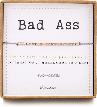 Rarelove Bad Ass Morse Code Bracelets Inspirational Friendship Gift for Women Girls Rose Golden Beads Grey String Bracelet Apparel & Accessories > Jewelry > Bracelets RareLove   