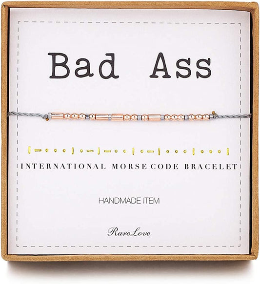 Rarelove Bad Ass Morse Code Bracelets Inspirational Friendship Gift for Women Girls Rose Golden Beads Grey String Bracelet Apparel & Accessories > Jewelry > Bracelets RareLove   