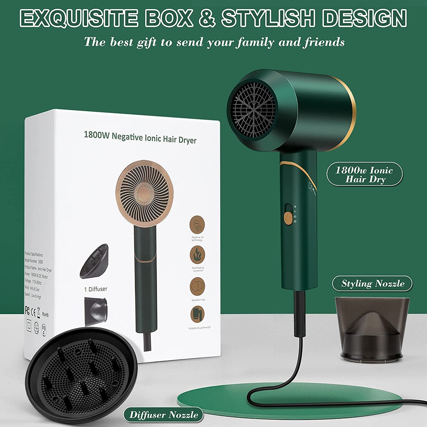 PAHETAWA Hair Dryer,1800W Travel Hair Dryer with Folding Handle, Fast Drying Compact Ionic Blow Dryer with Diffuser&Nozzle, Reduce Frizz Hair Care, Low Noise Lightweight for Home&Travel Use(Green) Health & Beauty > Personal Care > Hair Care PAHETAWA   