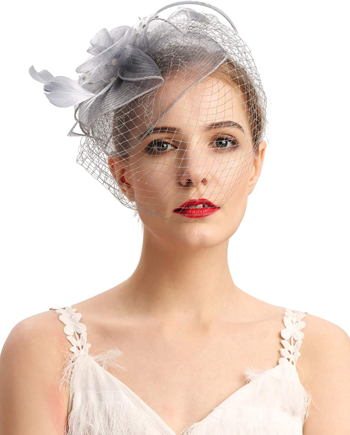 Fascinators Hats 20S 50S Hat Pillbox Hat Cocktail Tea Party Headwear with Veil for Girls and Women Apparel & Accessories > Clothing Accessories > Headwear Cizoe D-grey  