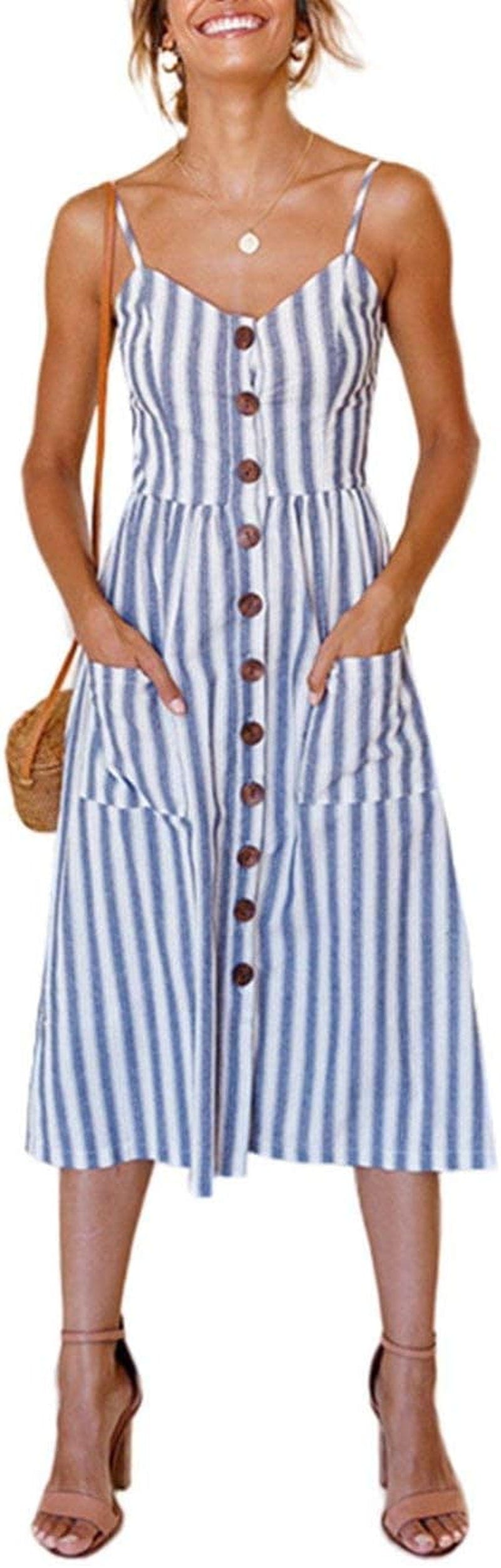 ECHOINE Women'S Summer Dresses, Floral Boho Spaghetti Strap Button down Swing Midi Beach Dress with Pockets Blue Stripe / Large
