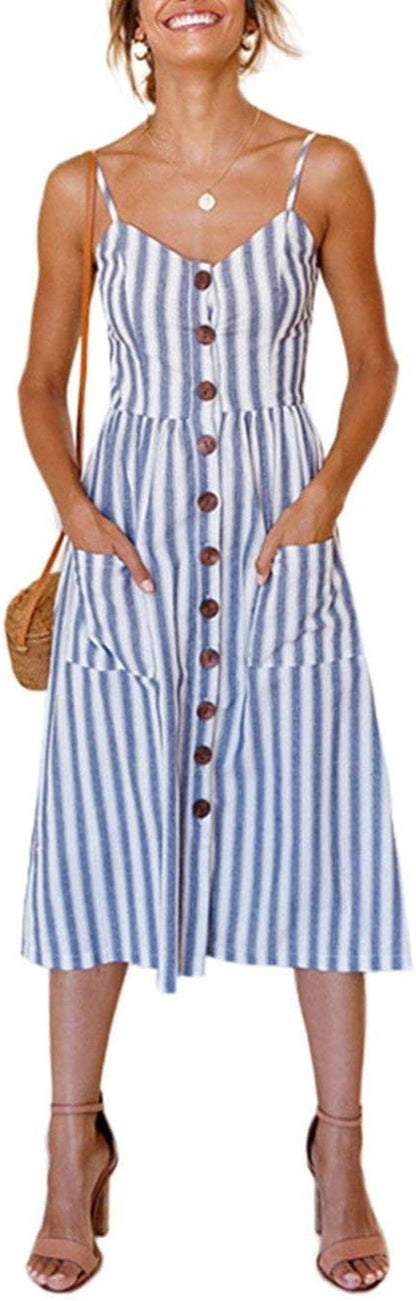 ECHOINE Women'S Summer Dresses, Floral Boho Spaghetti Strap Button down Swing Midi Beach Dress with Pockets Blue Stripe / Large