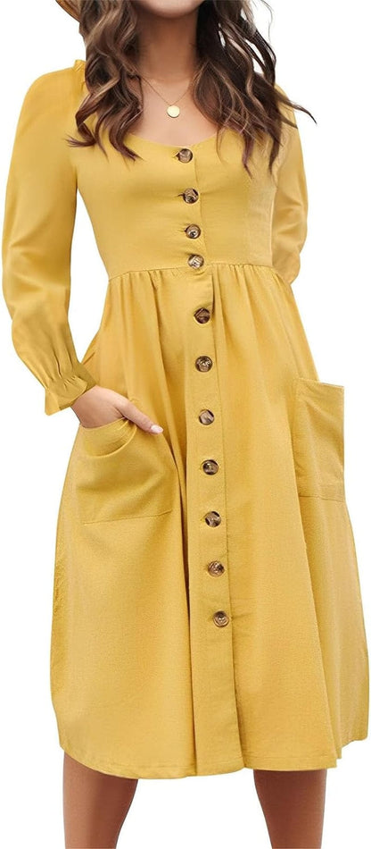 ECHOINE Women'S Summer Dresses, Floral Boho Spaghetti Strap Button down Swing Midi Beach Dress with Pockets Solid Yellow - Long Sleeve / Medium