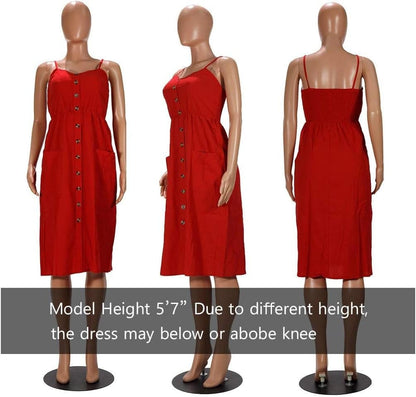 ECHOINE Women'S Summer Dresses, Floral Boho Spaghetti Strap Button down Swing Midi Beach Dress with Pockets